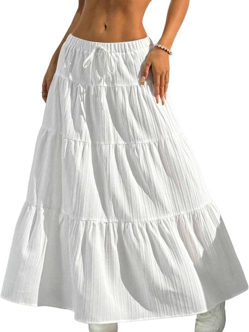 Boho Flowy White Maxi Skirt with Ruffle & Elastic Waist - Long Summer Skirt
